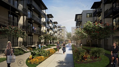 a rendering of people walking on a sidewalk in front of apartment buildings